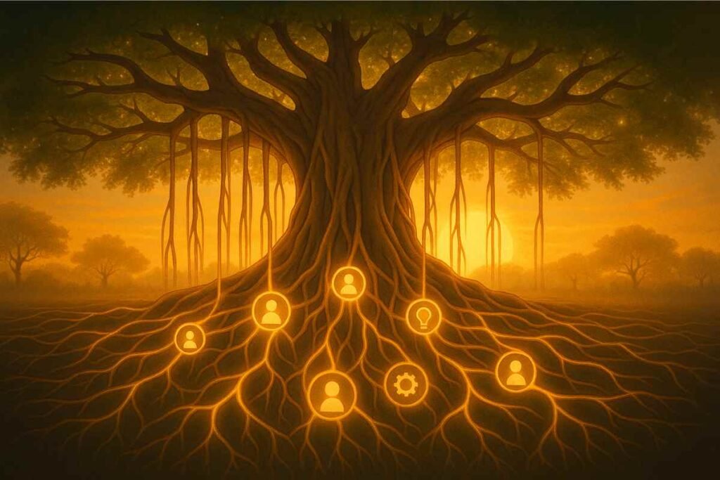 The Living Network banyan tree illustration