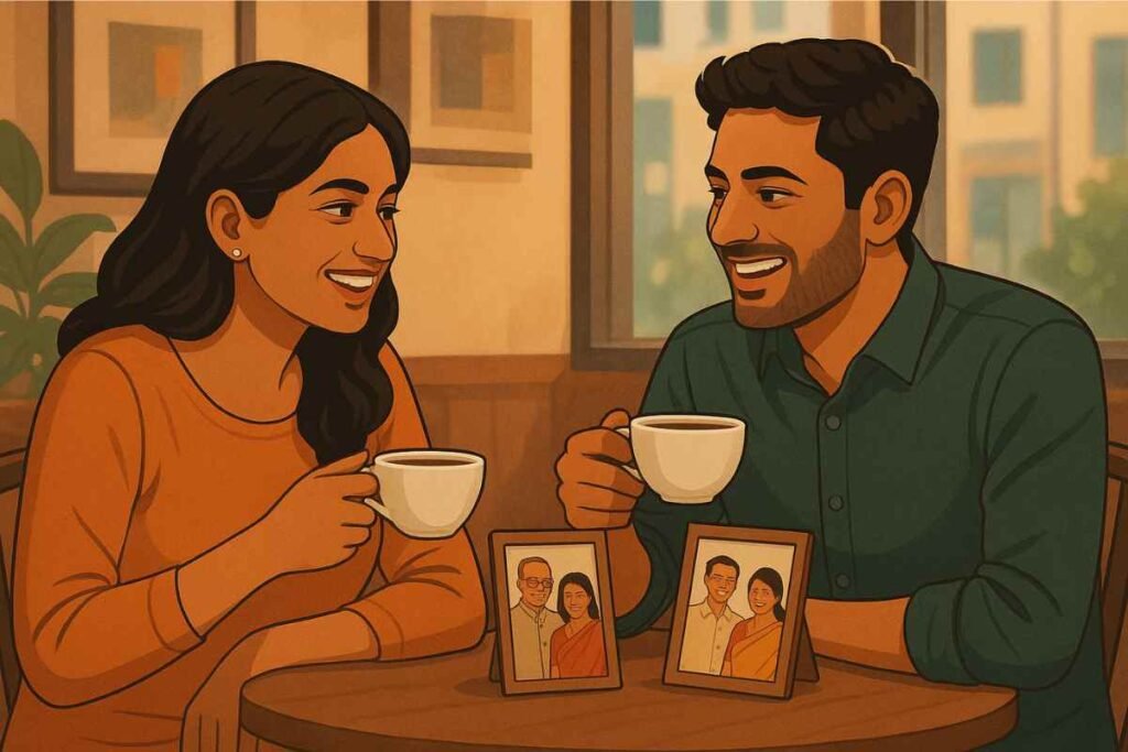 “A modern Indian couple smiling in a cafe, symbolizing how arranged marriages evolve into love.