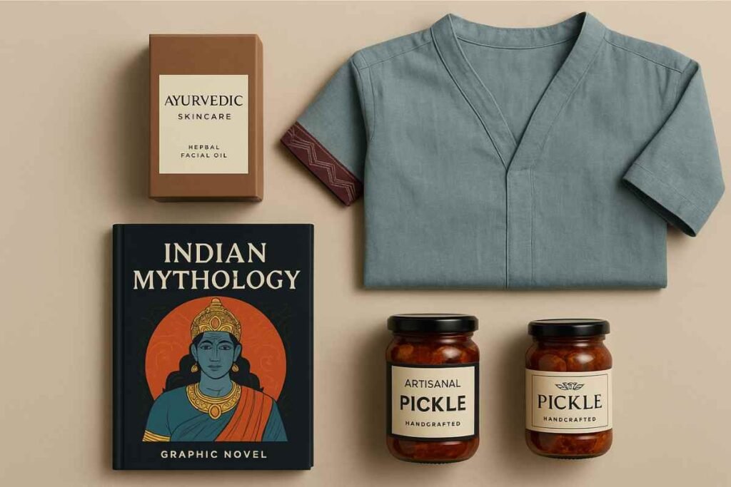 “A modern flat-lay of Indian heritage products including Ayurvedic skincare, handloom clothing, a mythology graphic novel, and artisanal pickle.”