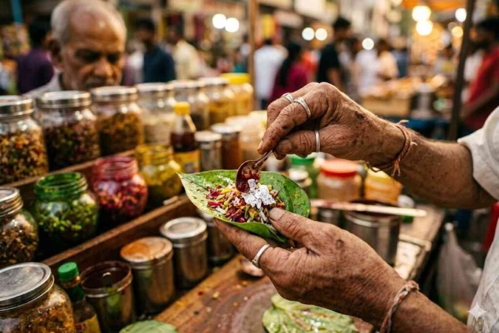 Paan preparation at a street stall
